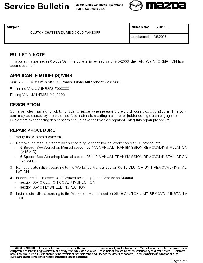 Miata Technical Service Bulletin